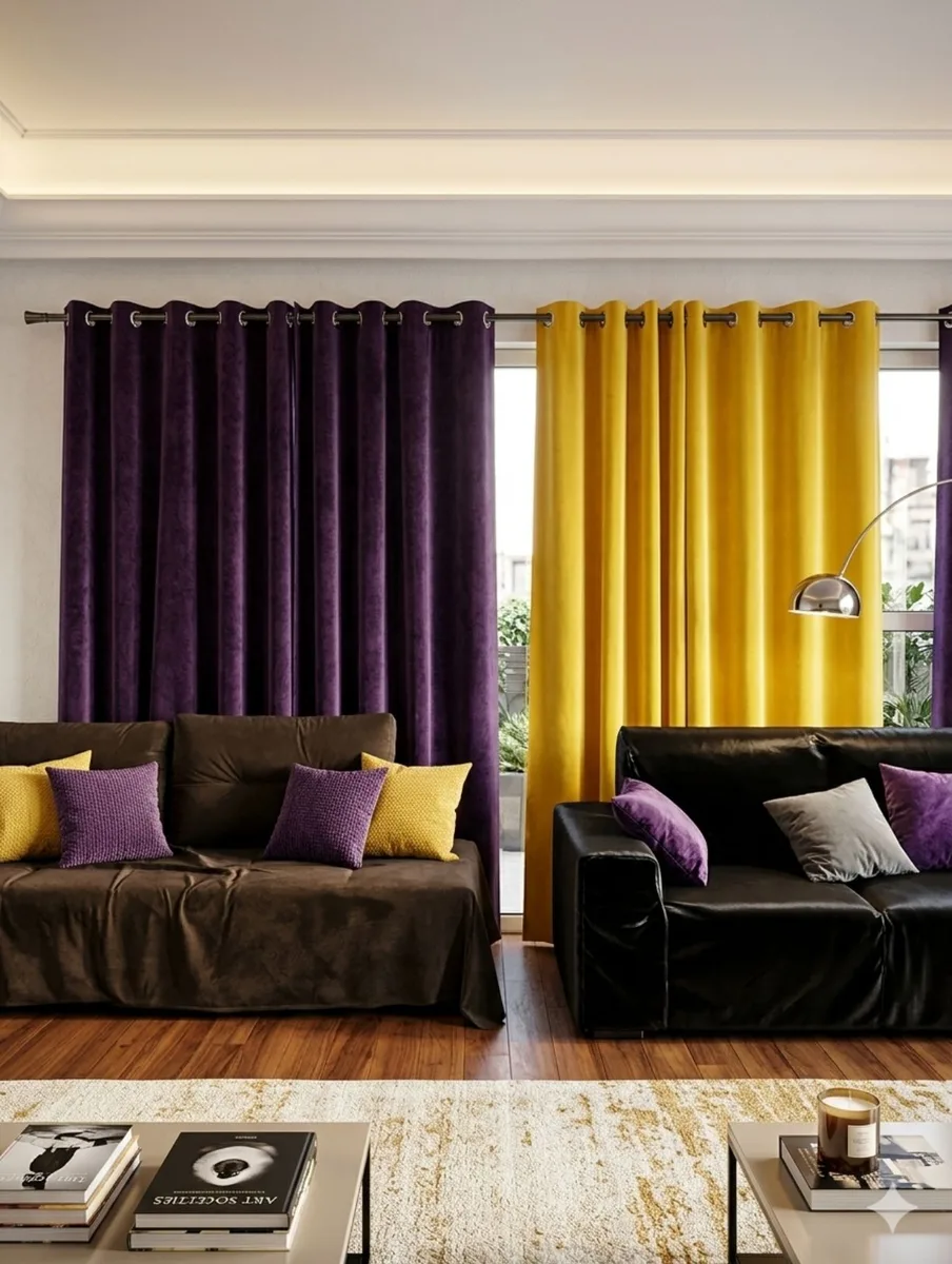 Cortina Veludo Premium Lilás e Amarelo
